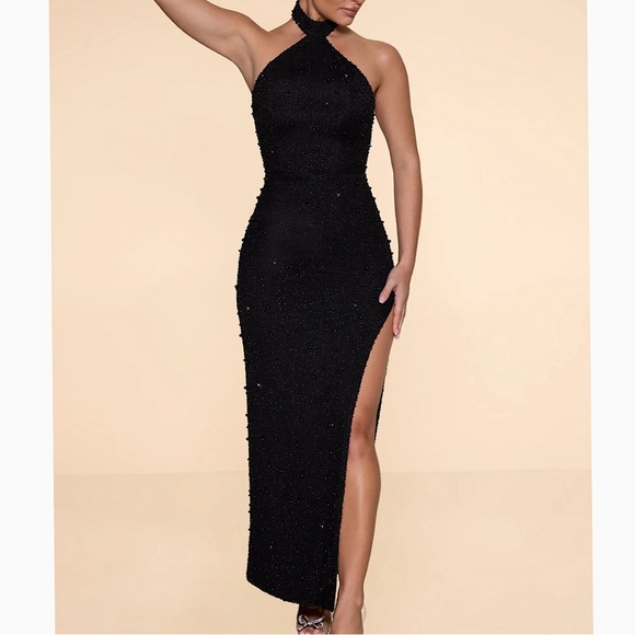 Oh Polly Dresses & Skirts - Positano - Embellished High Neck Split Maxi Dress in Black